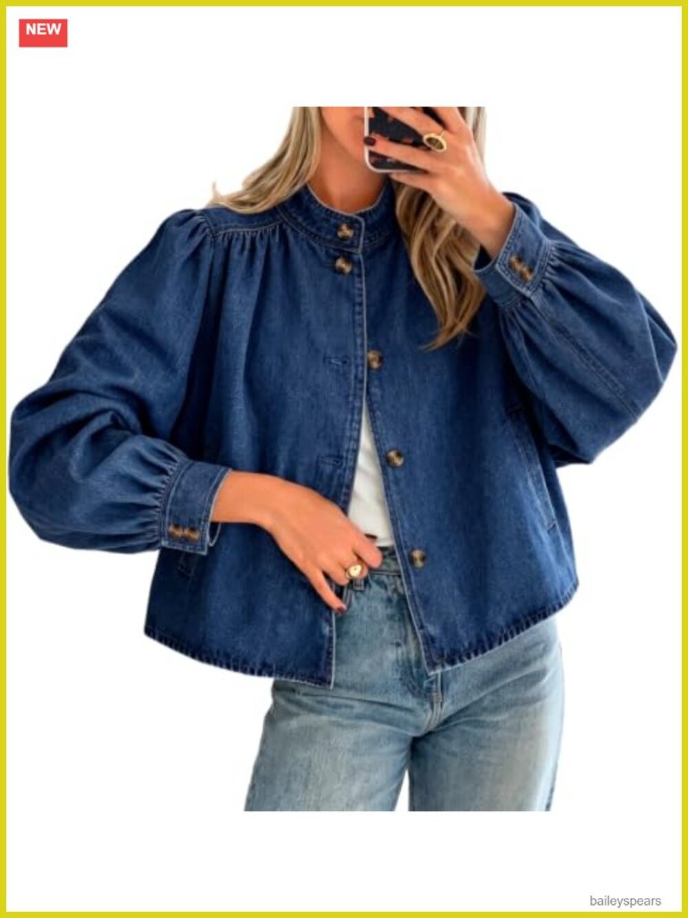 Puff Long Sleeve Denim Jacket Casual Stand Collar Button Down Loose Fit